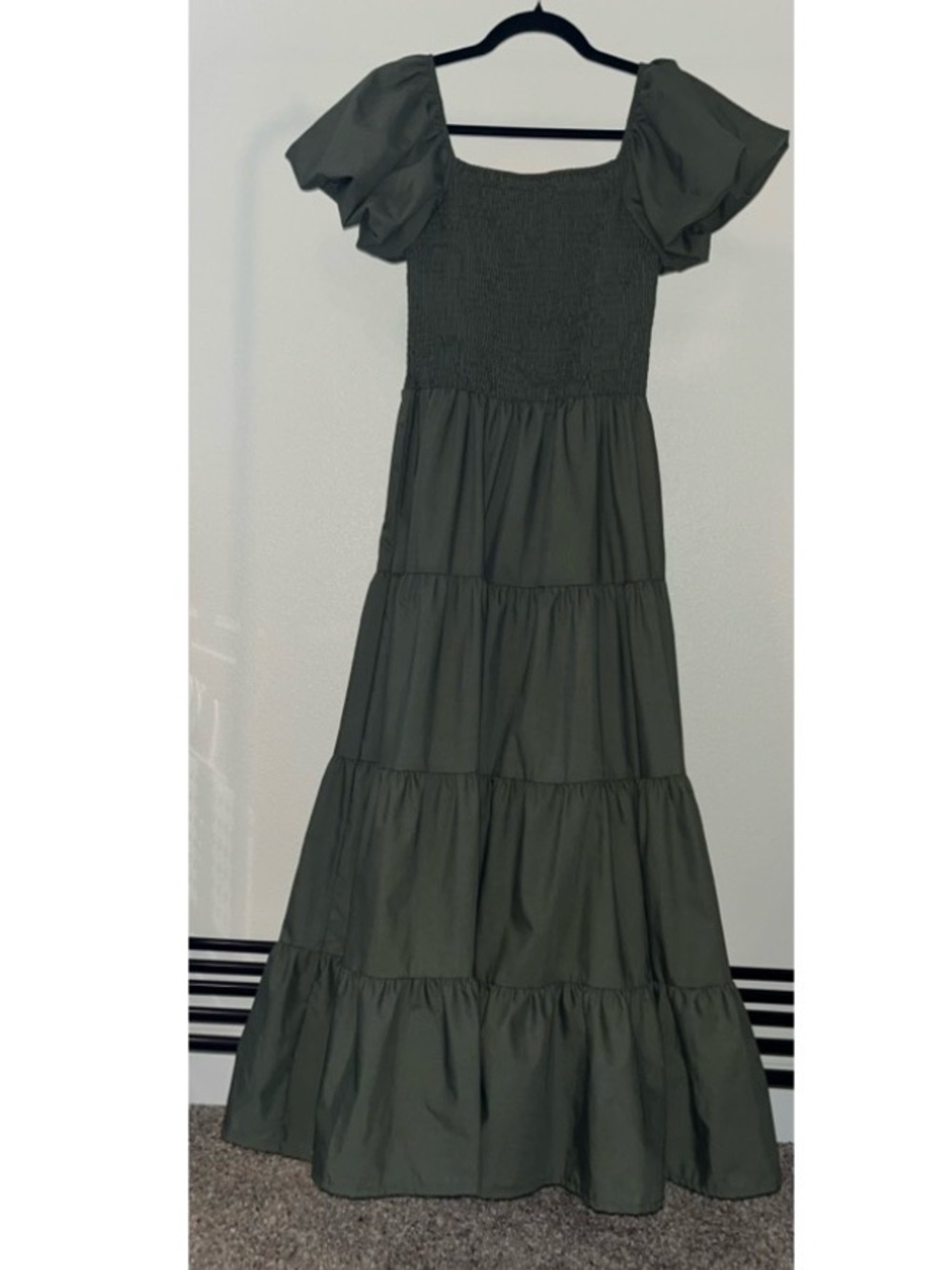 Smocked Square-Neck Olive Maxi Dress with Puff Sleeves